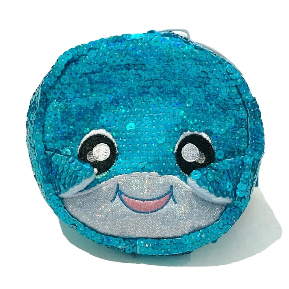 Na! Na! Na! Sparkly Blue Shark Bag Zip Pouch Whale Dolphin Sequins Wallet Cute